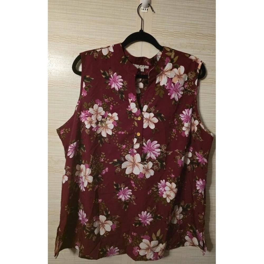 MPH Collection Womens 3X Burgundy Floral Sleeveless Blouse Split Neck Top
